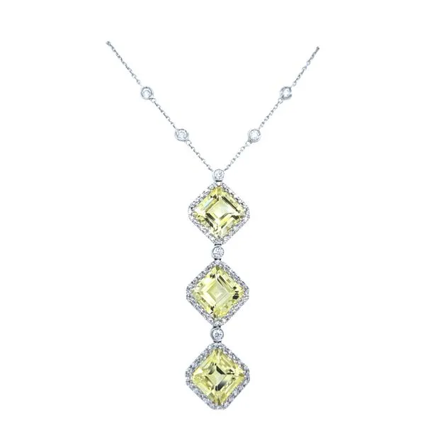 Estate 18K White Gold With Three Emerald Cut Lemon Quartz, Micro Pavè Diamond Halo And Diamond Chain Necklace Classic Creations In Diamonds & Gold Venice, FL