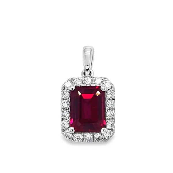 14K White Gold Lab-Grown 3.0ct. Emerald Cut Ruby And Lab-Grown Diamond Halo Pendant D.39ct. 1.8 DWT. Classic Creations In Diamonds & Gold Venice, FL