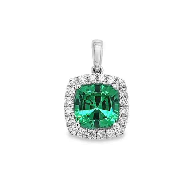 Cushion Cut Lab-Grown 4ct. Emerald And Lab-Grown Diamond Halo Pendant D.37ct. 1.8 DWT. Classic Creations In Diamonds & Gold Venice, FL