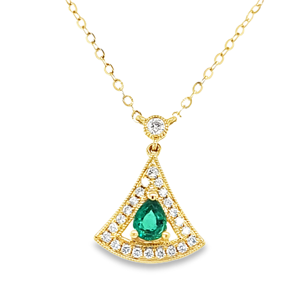 14K Yellow Gold Emerald & Diamond Necklace .28ct Emerald .17ct Diamonds 18-Inch Cable Chain Classic Creations In Diamonds & Gold Venice, FL