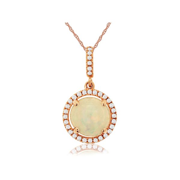 14K Yellow Gold Ethiopian Opal and Diamond Halo Pendant with French Rope Chain | 1.20 Carat Opal Classic Creations In Diamonds & Gold Venice, FL