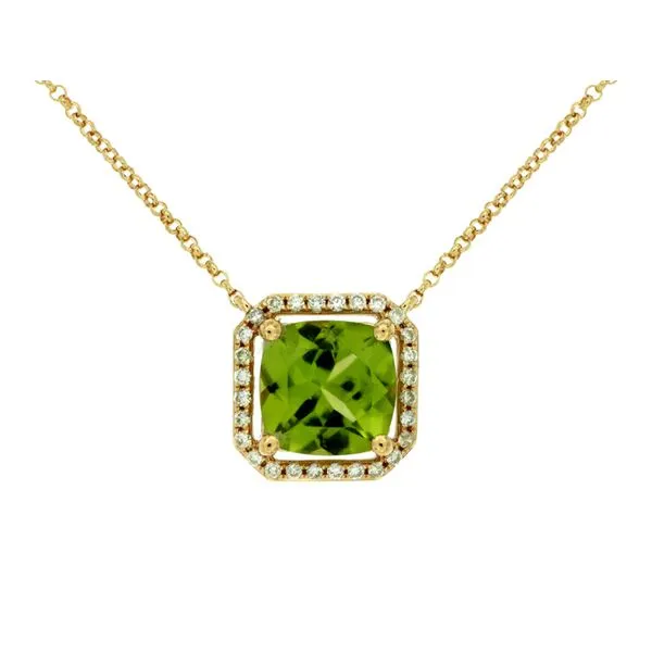 14K Yellow Gold Cushion Cut Peridot And Octagon Diamond Halo With Cable Chain Pendant Classic Creations In Diamonds & Gold Venice, FL