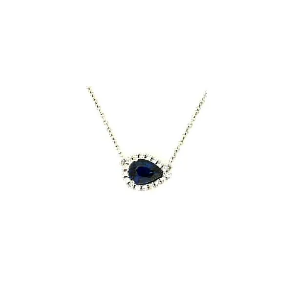 18K White Gold Pear Shaped Sapphire E-W Diamond Halo Cable Chain Necklace Classic Creations In Diamonds & Gold Venice, FL