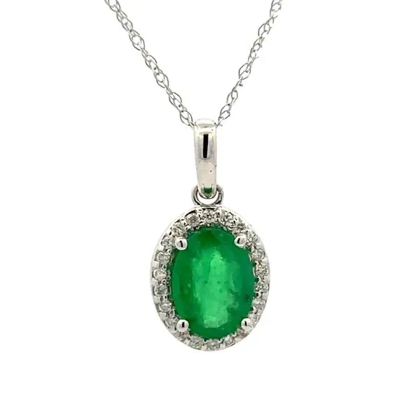 14K White Gold Oval Colombian Emerald & Diamond Halo Pendant On French Rope Chain Necklace Classic Creations In Diamonds & Gold Venice, FL