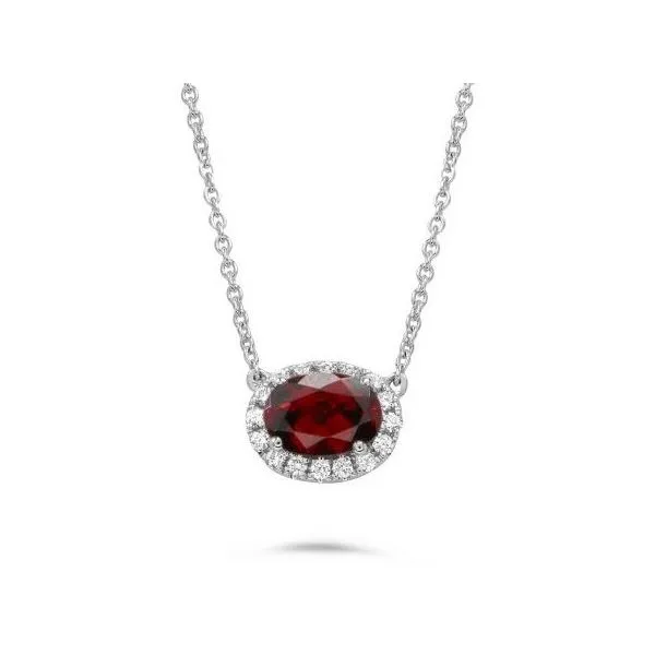 14K White Gold Oval Sideway Ruby And Diamond Halo Pendant On Cable Chain Necklace Classic Creations In Diamonds & Gold Venice, FL