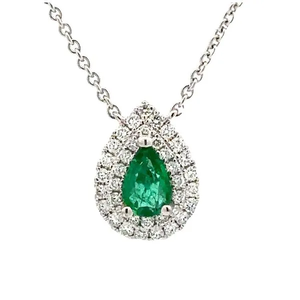 18K White Gold Pear Shaped Colombian Emerald & Double Diamond Halo Pendant Necklace Classic Creations In Diamonds & Gold Venice, FL