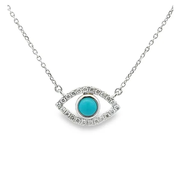 ONLINE ONLY 14K White Gold Turquoise And Diamond Evil Eye Pendant On 18 Inch, 0.6mm 14K White Gold Cable Chain Classic Creations In Diamonds & Gold Venice, FL