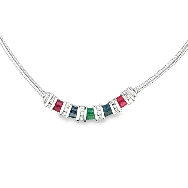 14K White Gold Ruby Emerald Sapphire & Diamond Curved Bar Necklace 17
