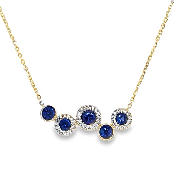 14K Yellow Gold Sapphire and Diamond Halo Necklace 0.55 CT Total with Cable Chain | 1.04 DWT Classic Creations In Diamonds & Gold Venice, FL