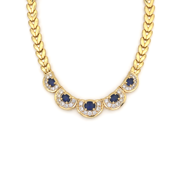 14K Yellow Gold Sapphire and Diamond Five Stone Chevron Link Necklace 3.50 CTW Classic Creations In Diamonds & Gold Venice, FL