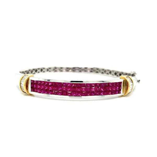 14K White And Yellow Gold Invisibly Set Ruby & Diamond Bangle Bracelet Classic Creations In Diamonds & Gold Venice, FL