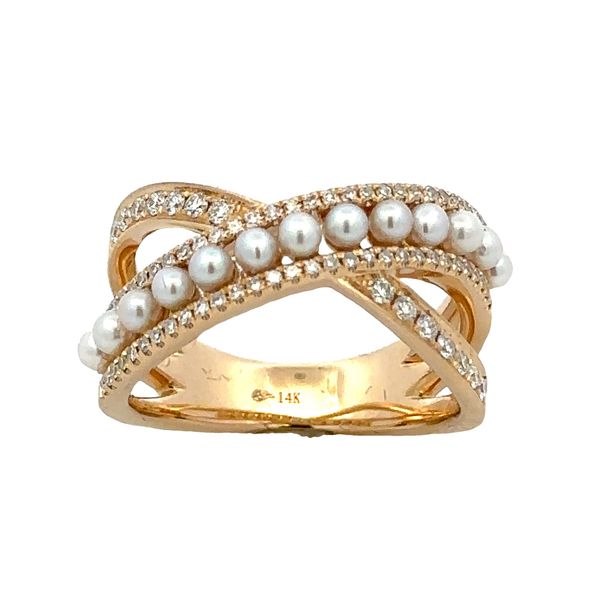 Roman And Jules 14K White Gold Pavè Set Diamond And Pearl Crossover Ring Classic Creations In Diamonds & Gold Venice, FL