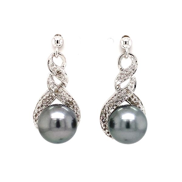 10K White Gold Tahitian Pearl and Diamond Dangle Earrings 9.7mm Pearls 0.08 CTW Classic Creations In Diamonds & Gold Venice, FL