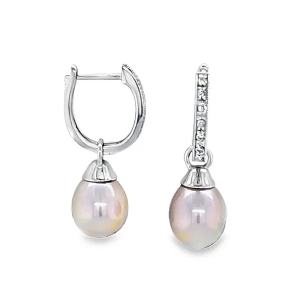 14K White Gold Freshwater Pearl Teardrop Charms with Pave Diamond Huggie Hoops – Rose Freshwater Pearls 9.6 x 8mm, 0.05ct TW Classic Creations In Diamonds & Gold Venice, FL