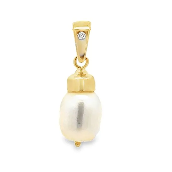 14K Yellow Gold Fresh Water Pearl Burnish Set Diamond Bail Pendant Classic Creations In Diamonds & Gold Venice, FL