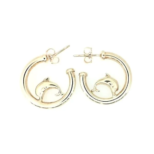 14K Yellow Gold Round Post Hoop With Dolphins Earrings Classic Creations In Diamonds & Gold Venice, FL