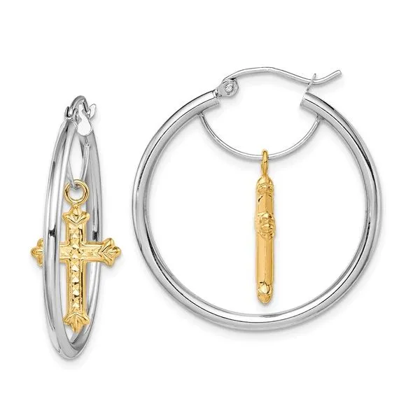 14K Two-Tone Gold Cross Dangle Hoop Earrings Classic Creations In Diamonds & Gold Venice, FL