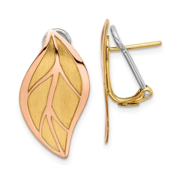 14K Two-Tone Rose And Yellow Gold Polished / Brushed Leaf Omega Back Earrings Classic Creations In Diamonds & Gold Venice, FL