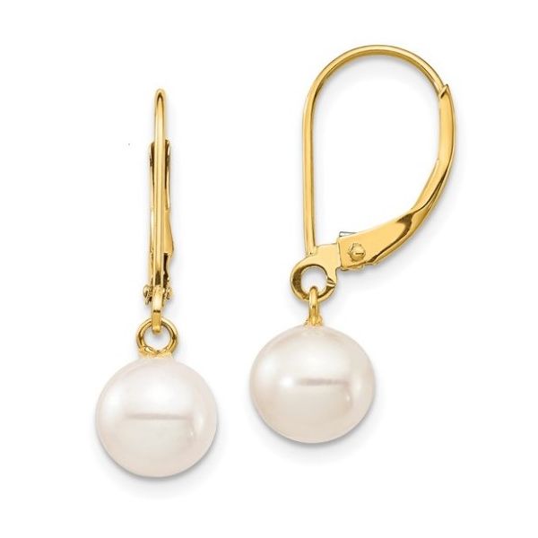 14K Yellow Gold, White Round Freshwater Cultured Pearl, Leverback Earrings Classic Creations In Diamonds & Gold Venice, FL