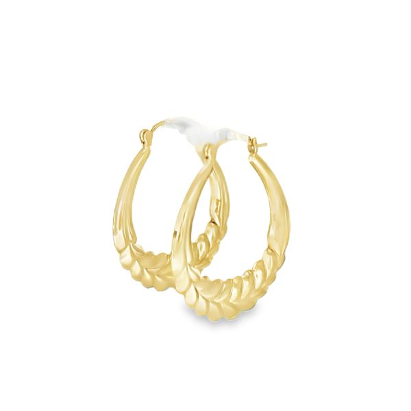 14K Yellow Gold Oval Drop Hoop Earrings with Sculpted Ribbed Design Classic Creations In Diamonds & Gold Venice, FL