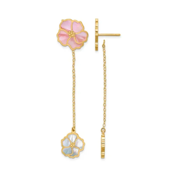 Herco 14K Polished And Beaded Reversible Pink And White Mother Of Pearl Flowers Post Dangle Earrings Classic Creations In Diamonds & Gold Venice, FL