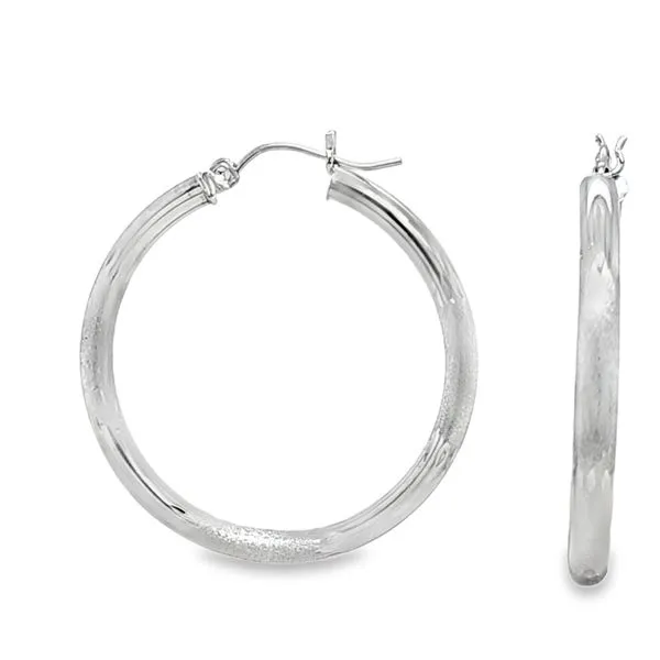 14K White Gold Polished Textured Hoop Earrings Classic Creations In Diamonds & Gold Venice, FL