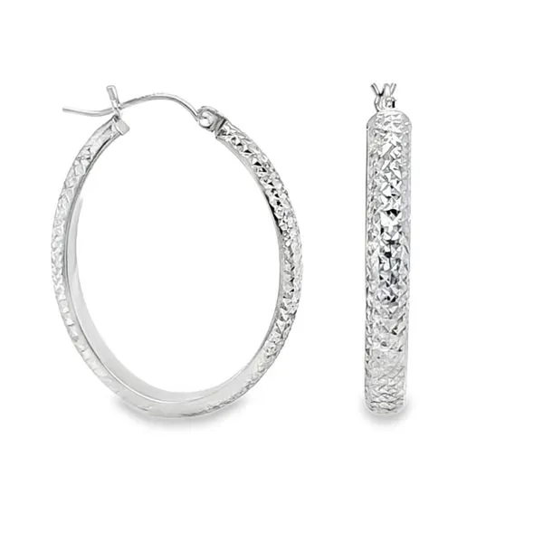 14K White Gold Diamond Cut Oblong Hoop Earrings 1.5 DWT. Classic Creations In Diamonds & Gold Venice, FL