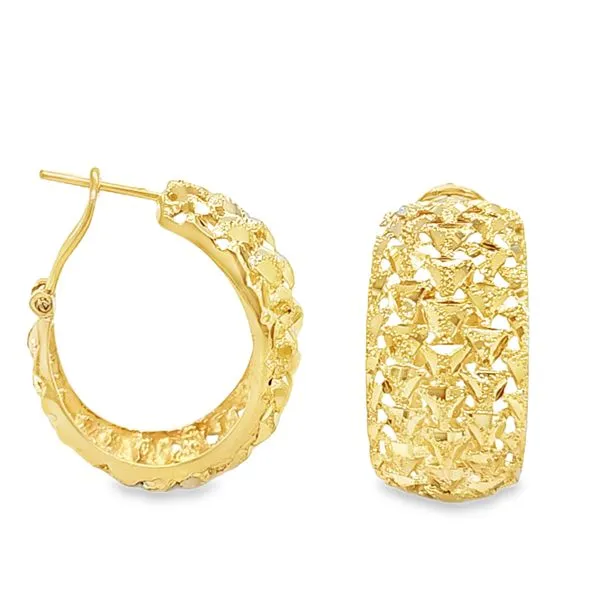 14K Yellow Gold Abstract Cutout Latch Back Wide Oblong Hoop Earrings 5.0 DWT Classic Creations In Diamonds & Gold Venice, FL