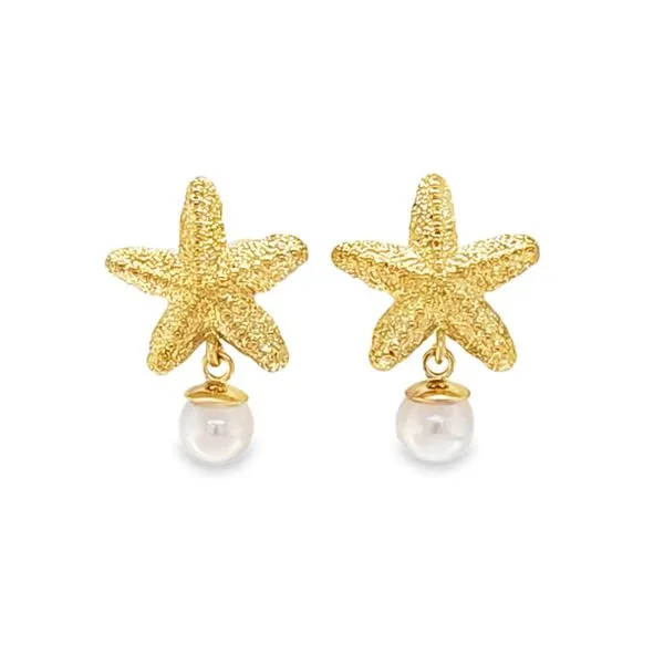 14K Yellow Gold Starfish Earrings with Pearl Drops Classic Creations In Diamonds & Gold Venice, FL