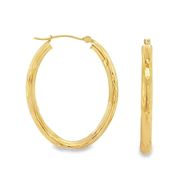 14K Yellow Gold Oval Etched Hoop Earrings – 3mm x 34mm, 1.0 DWT | Elegant Textured Gold Hoops Classic Creations In Diamonds & Gold Venice, FL