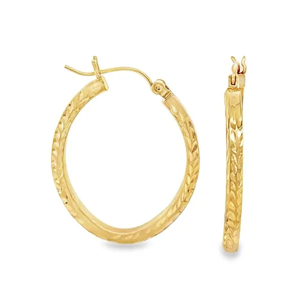 14K Yellow Gold Textured Oval Hoop Earrings – 2.3mm x 29mm, 1.2 DWT | Elegant Etched Gold Oval Hoops Classic Creations In Diamonds & Gold Venice, FL