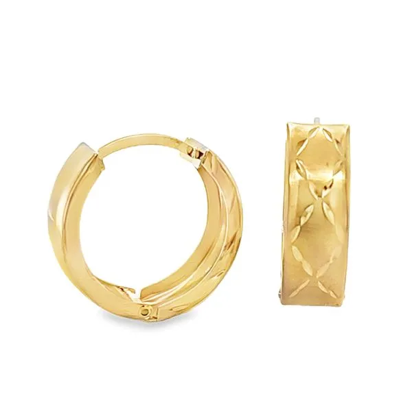14K Yellow Gold Huggie Hoop Earrings | Etched Diamond Pattern 1.6 DWT Classic Creations In Diamonds & Gold Venice, FL