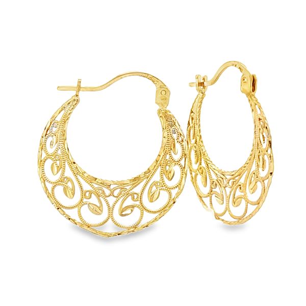 14K Yellow Gold Filigree Half Moon Hoop Earrings | 1.2 DWT Classic Creations In Diamonds & Gold Venice, FL