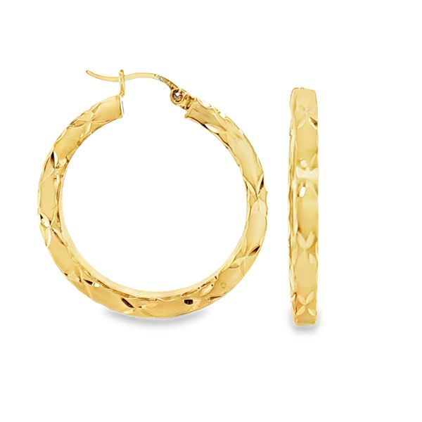 14K Yellow Gold 3.2mm x 30mm Diamond Cut Hoop Earrings | 3.0 DWT Classic Creations In Diamonds & Gold Venice, FL
