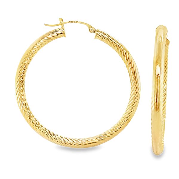 14K Yellow Gold 3mm x 36mm Diamond Cut Hoop Earrings | 1.5 DWT Classic Creations In Diamonds & Gold Venice, FL