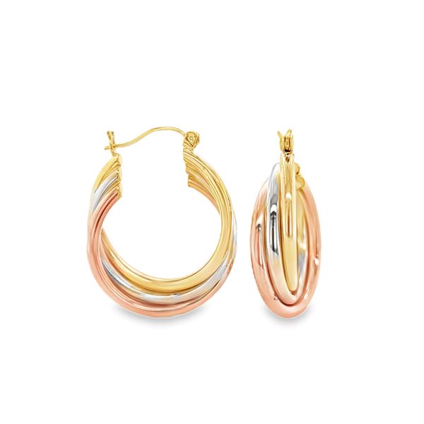 14K Tri Color Gold 7mm x 26mm Twisted Hoop Earrings | 3.0 DWT Classic Creations In Diamonds & Gold Venice, FL