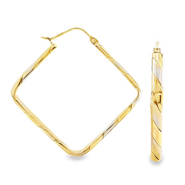 14K Two-Tone Textured Square Hoop Earrings 34mm | 4mm Wide | 4.3 DWT Classic Creations In Diamonds & Gold Venice, FL