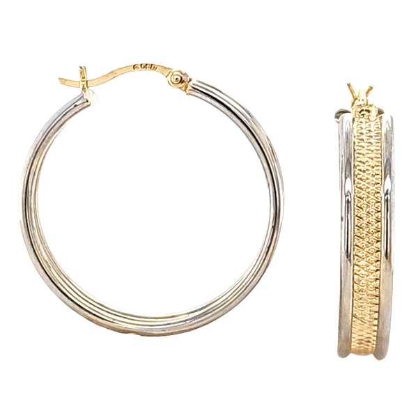 14K Two-Tone Textured Hoop Earrings 27mm | 6mm Wide | Polished Sides | 2.4 DWT Classic Creations In Diamonds & Gold Venice, FL