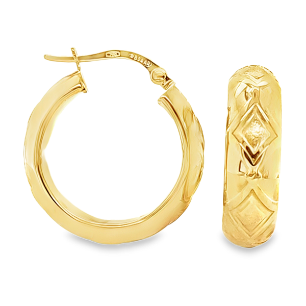 18K Yellow Gold Embossed Triangle Design Hoop Earrings Classic Creations In Diamonds & Gold Venice, FL