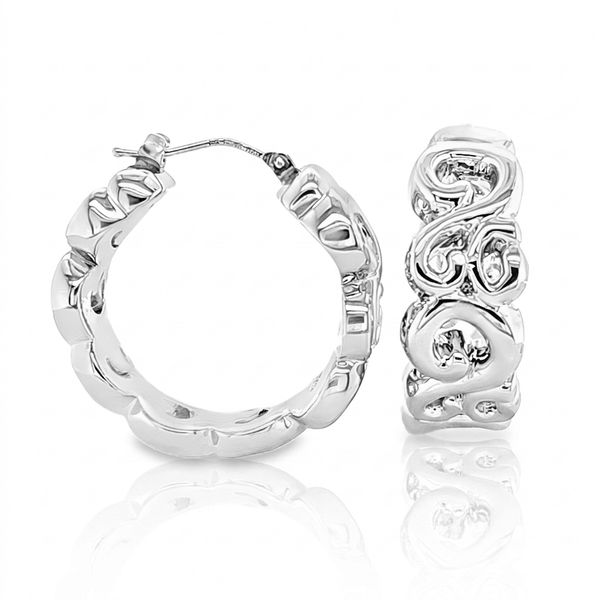 14K White Gold 9mm x 26mm Scrollwork Cutout Hoop Earrings Classic Creations In Diamonds & Gold Venice, FL