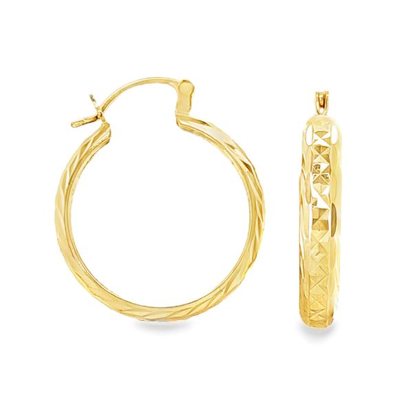14K Yellow Gold Textured Hoop Earrings 4.3mm x 23mm Classic Creations In Diamonds & Gold Venice, FL