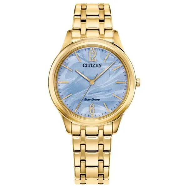 Citizen Gold Tone Ladies Stainless Steel Blue Dial Eco Drive Watch |  EM1212-56L Classic Creations In Diamonds & Gold Venice, FL
