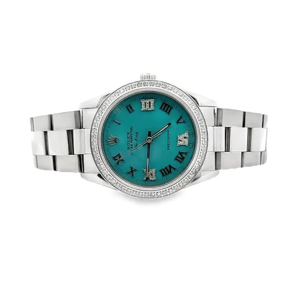 35mm Rolex Air-King Custom Tiffany Blue Roamn Numeral Dial & Diamond Bezel Classic Creations In Diamonds & Gold Venice, FL
