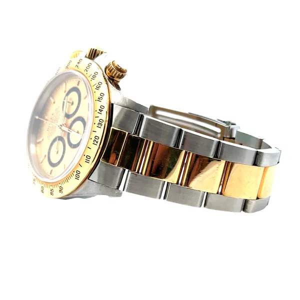 18K/SS Rolex Daytona Champagne w/Black Circles Dial Oyster Bracelet Papers 1998 Image 2 Classic Creations In Diamonds & Gold Venice, FL