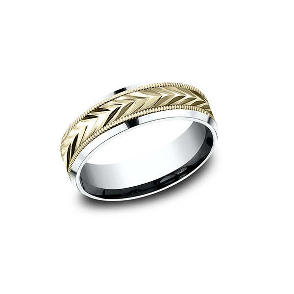 Benchmark District 7mm Two Tone 14K White and Yellow Gold Wedding Band Wheat Pattern Comfort Fit Classic Creations In Diamonds & Gold Venice, FL