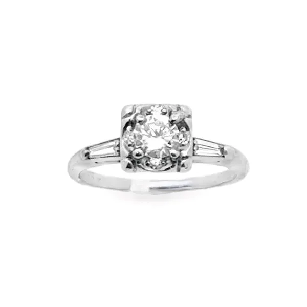 1930's 14K White Gold Illusion Set Solitaire Baguette Sides Estate Engagement Ring Classic Creations In Diamonds & Gold Venice, FL