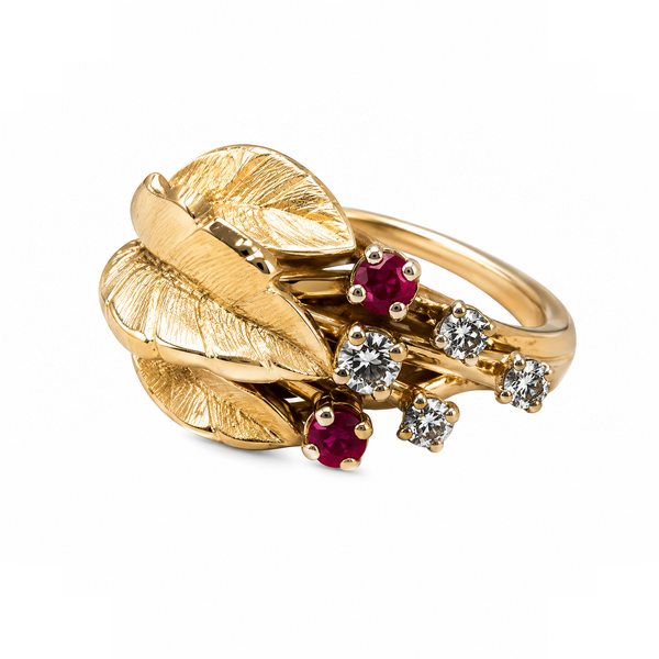 Estate 14K Yellow Gold Ruby & Diamond Leaf Ring | Vintage Gemstone Ring Classic Creations In Diamonds & Gold Venice, FL