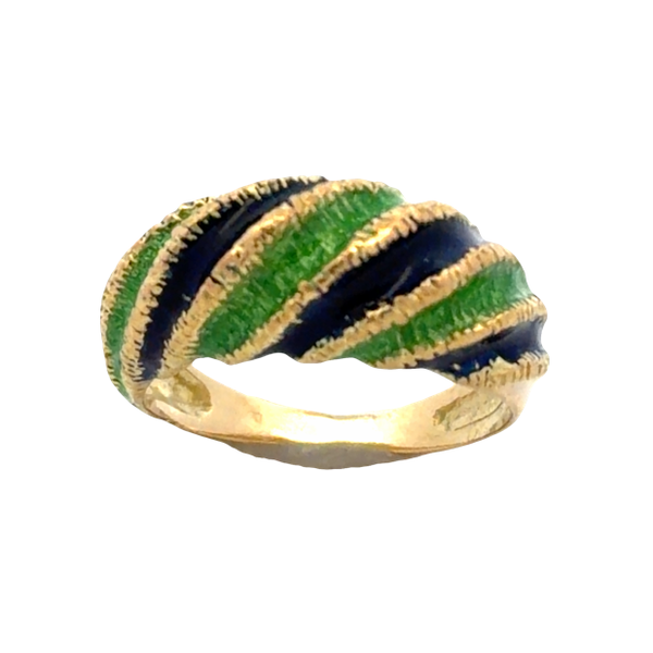 Estate 18K Yellow Gold Green & Blue Enamel Shrimp Ring | Vintage Designer Style Image 3 Classic Creations In Diamonds & Gold Venice, FL
