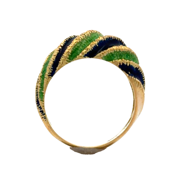Estate 18K Yellow Gold Green & Blue Enamel Shrimp Ring | Vintage Designer Style Image 4 Classic Creations In Diamonds & Gold Venice, FL