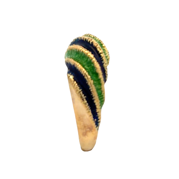 Estate 18K Yellow Gold Green & Blue Enamel Shrimp Ring | Vintage Designer Style Image 5 Classic Creations In Diamonds & Gold Venice, FL